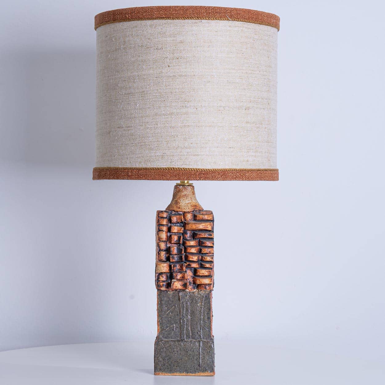 Ceramic Table Lamp B. Rooke, Beige Brique Lampshade by R. Houben, 1970