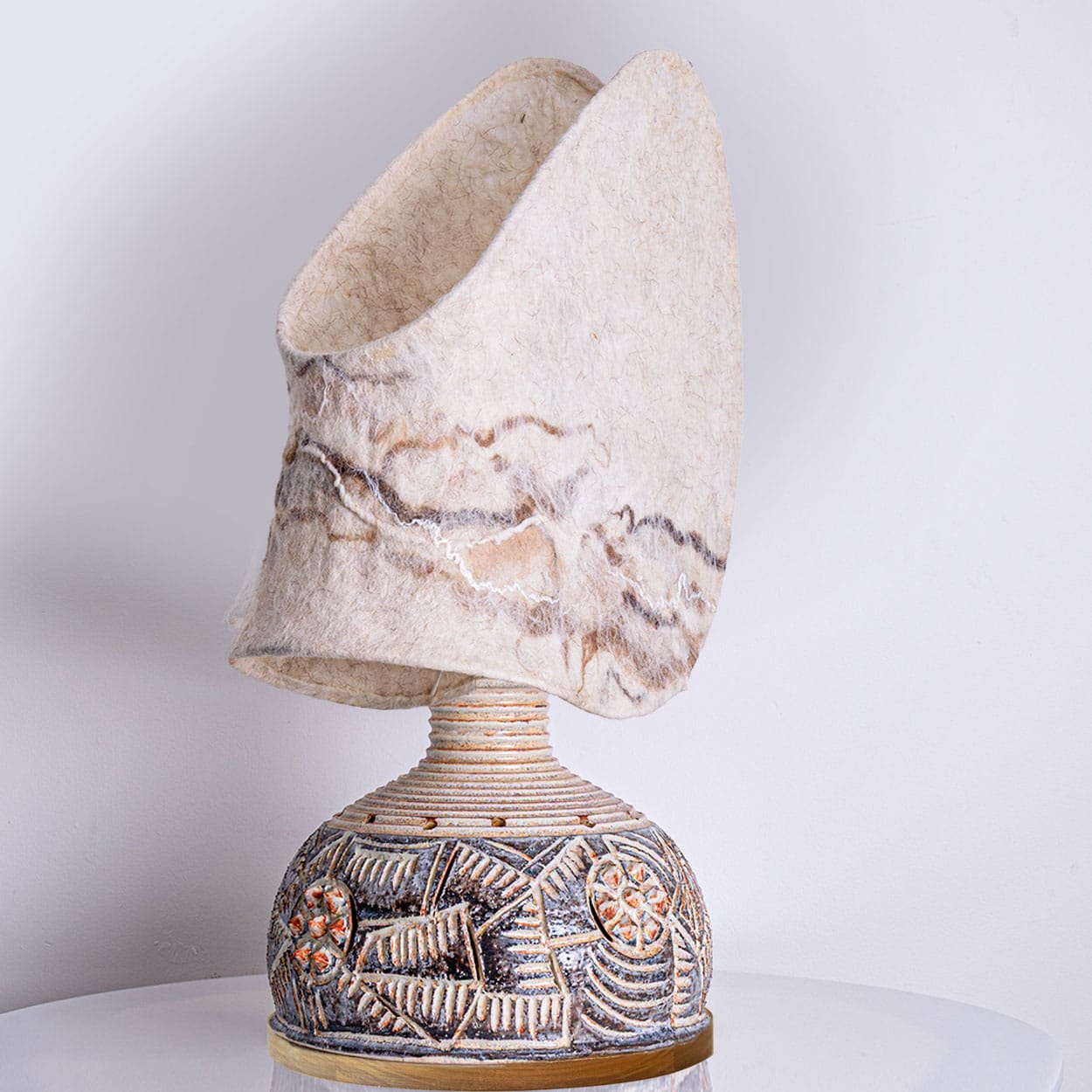 Axella Ceramic Beige Brown Lamp with Custom Shade Jette Helleroe, Denmark 1970