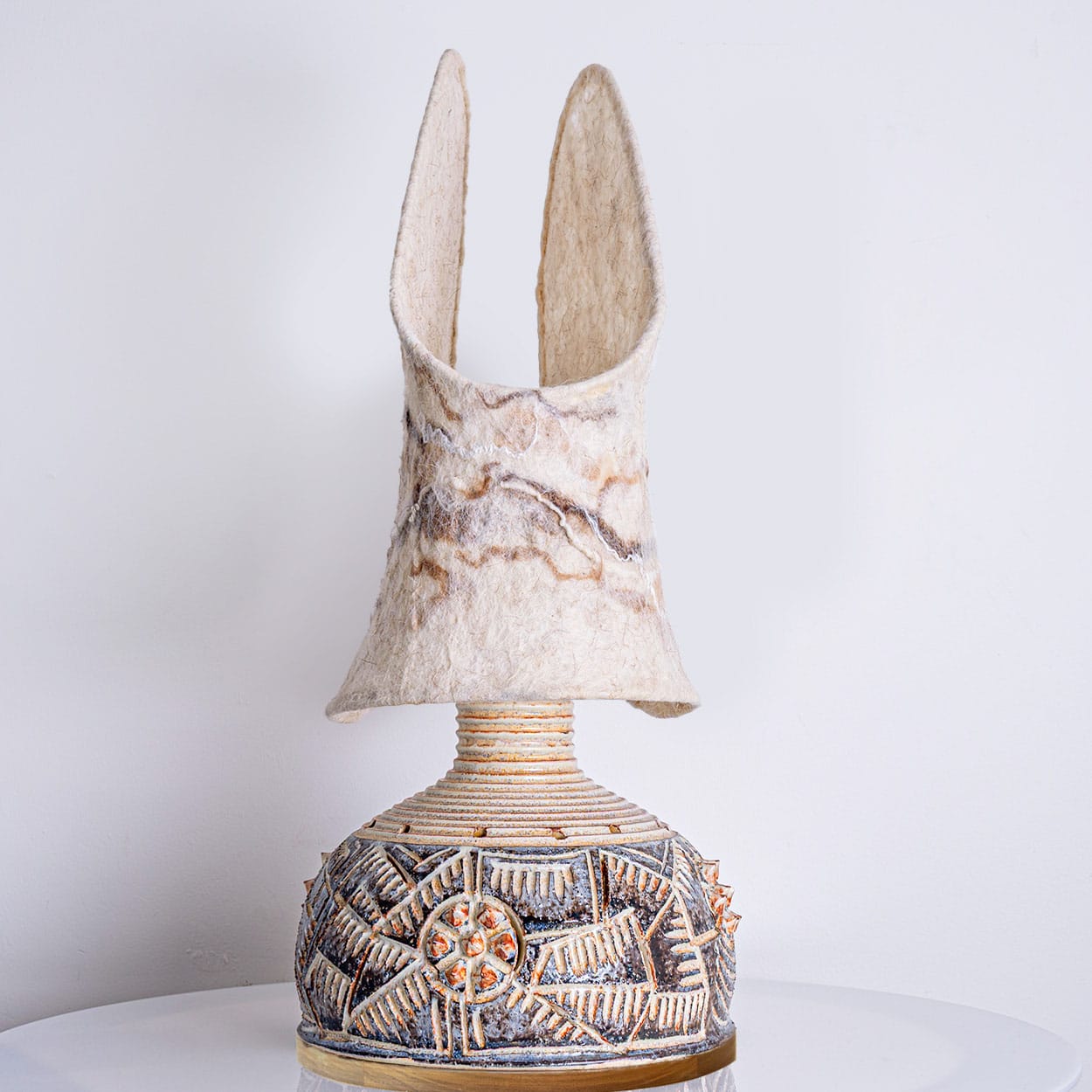 Axella Ceramic Beige Brown Lamp with Custom Shade Jette Helleroe, Denmark 1970