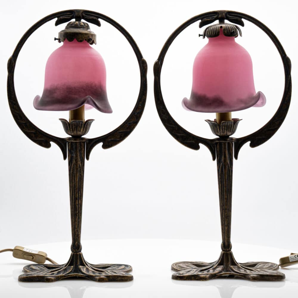 Pair of Art Nouveau Style Table Lamps Pink Glass and Brass, France
