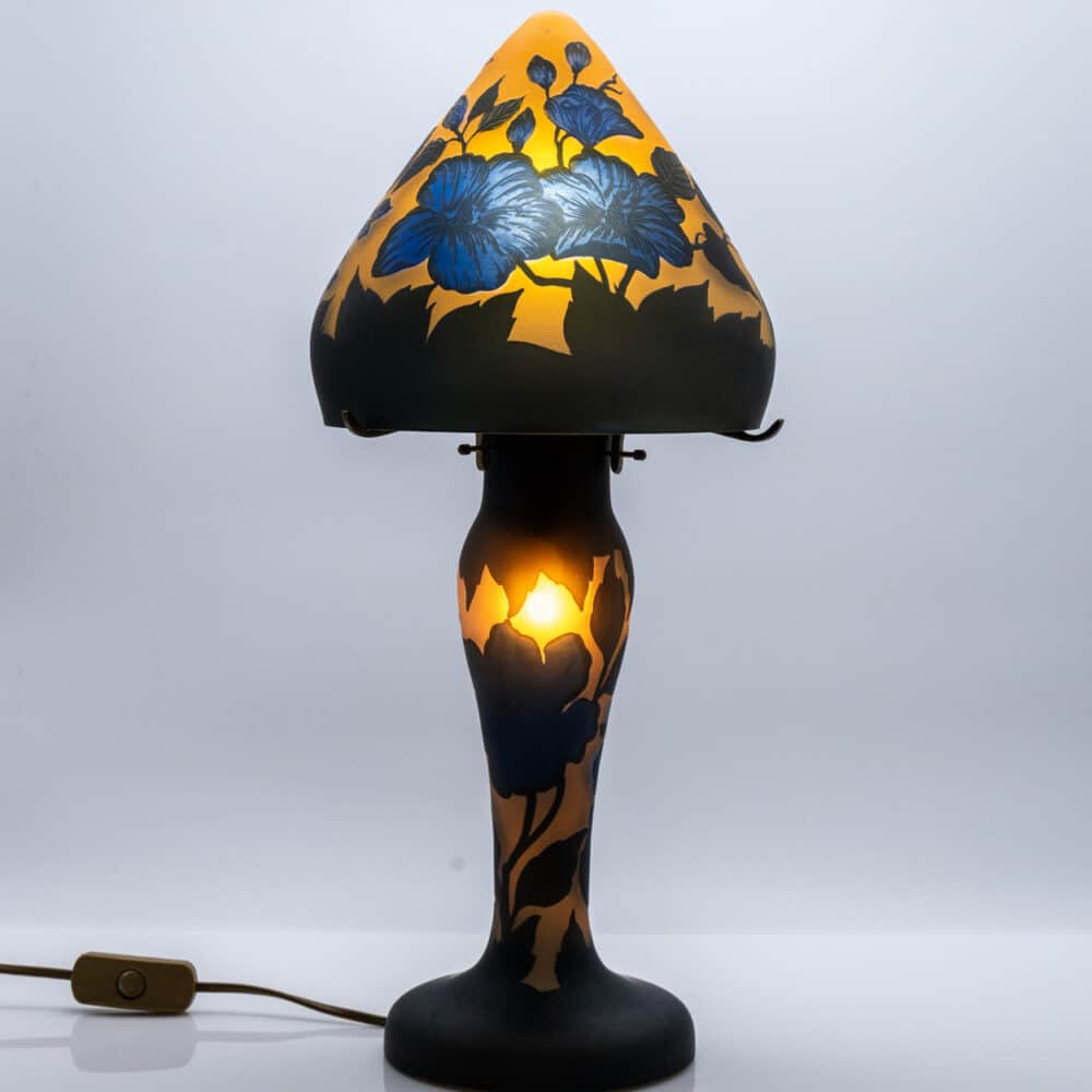 Gallé Style Table Lamp Mushroom Hibiscus Yellow Blue, France