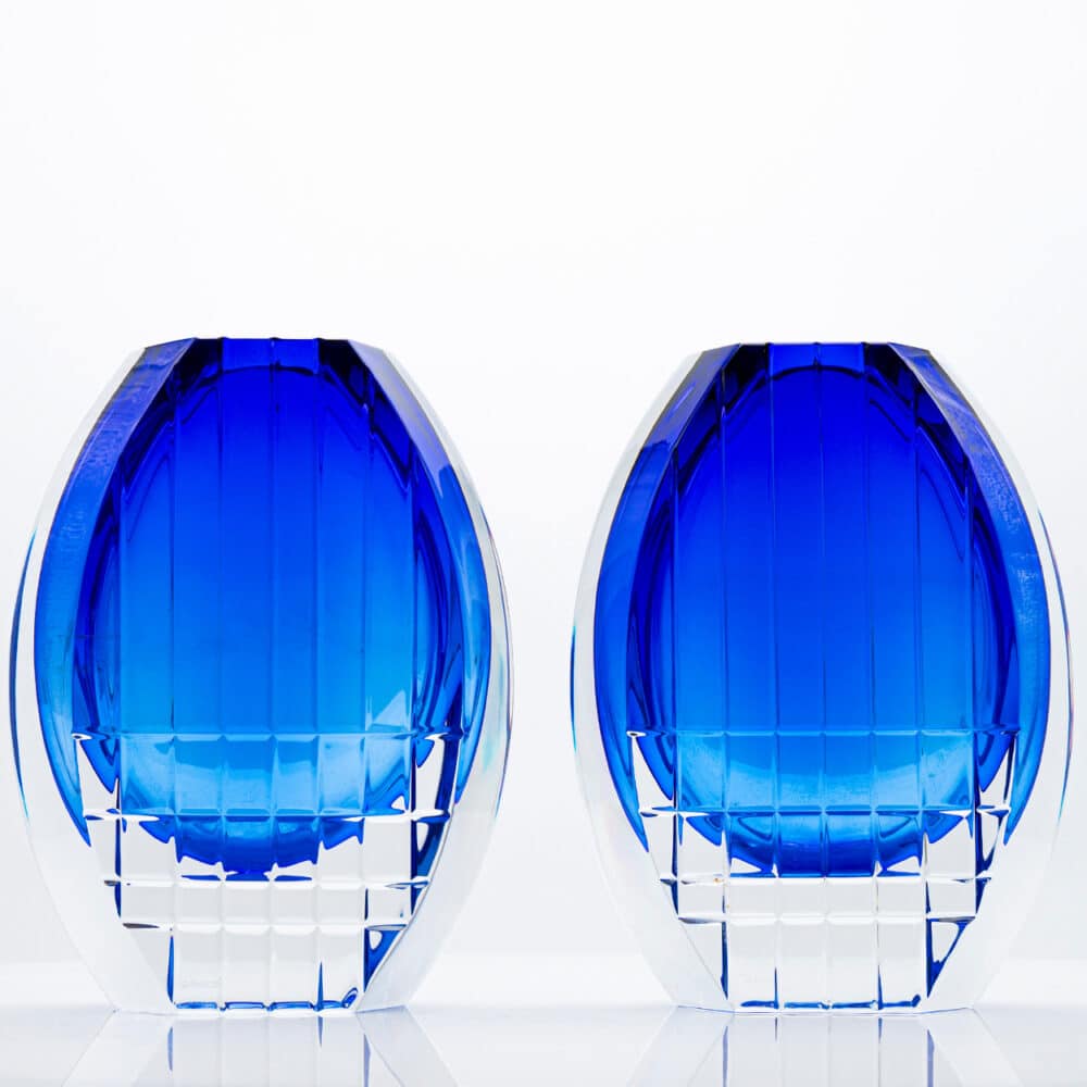 Set of 2 Baccarat Geometric Vases Cobalt Blue Clear Crystal Glass, France