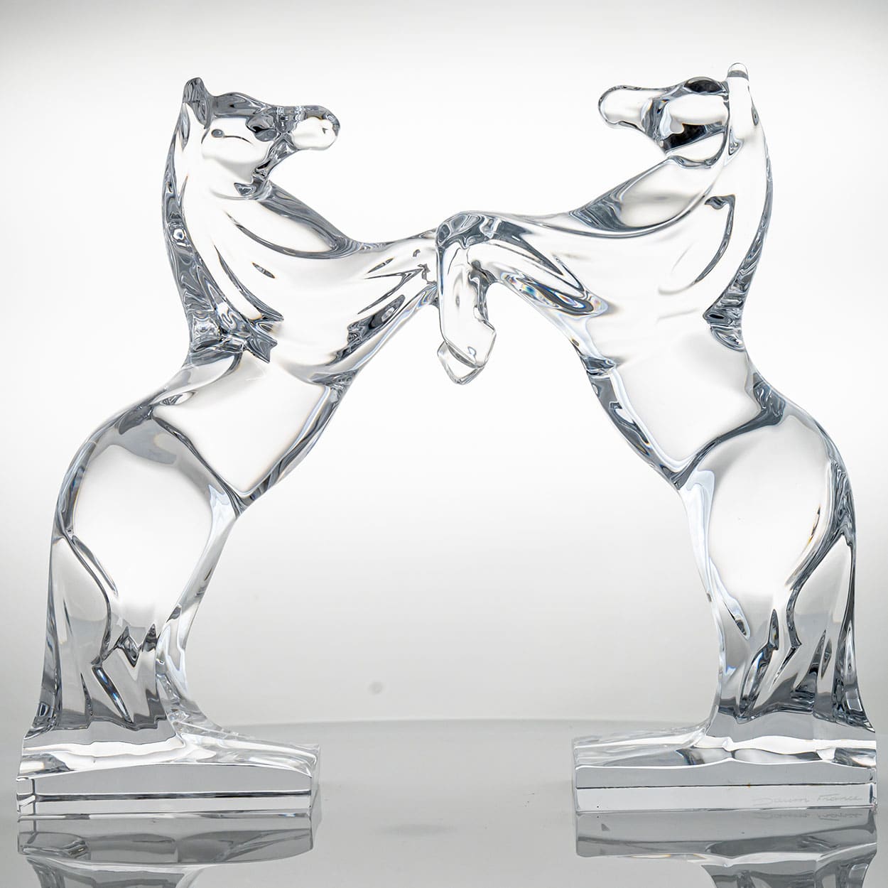 Set of 2 Daum Rearing Horses Clear Crystal Glass Sculptures, France