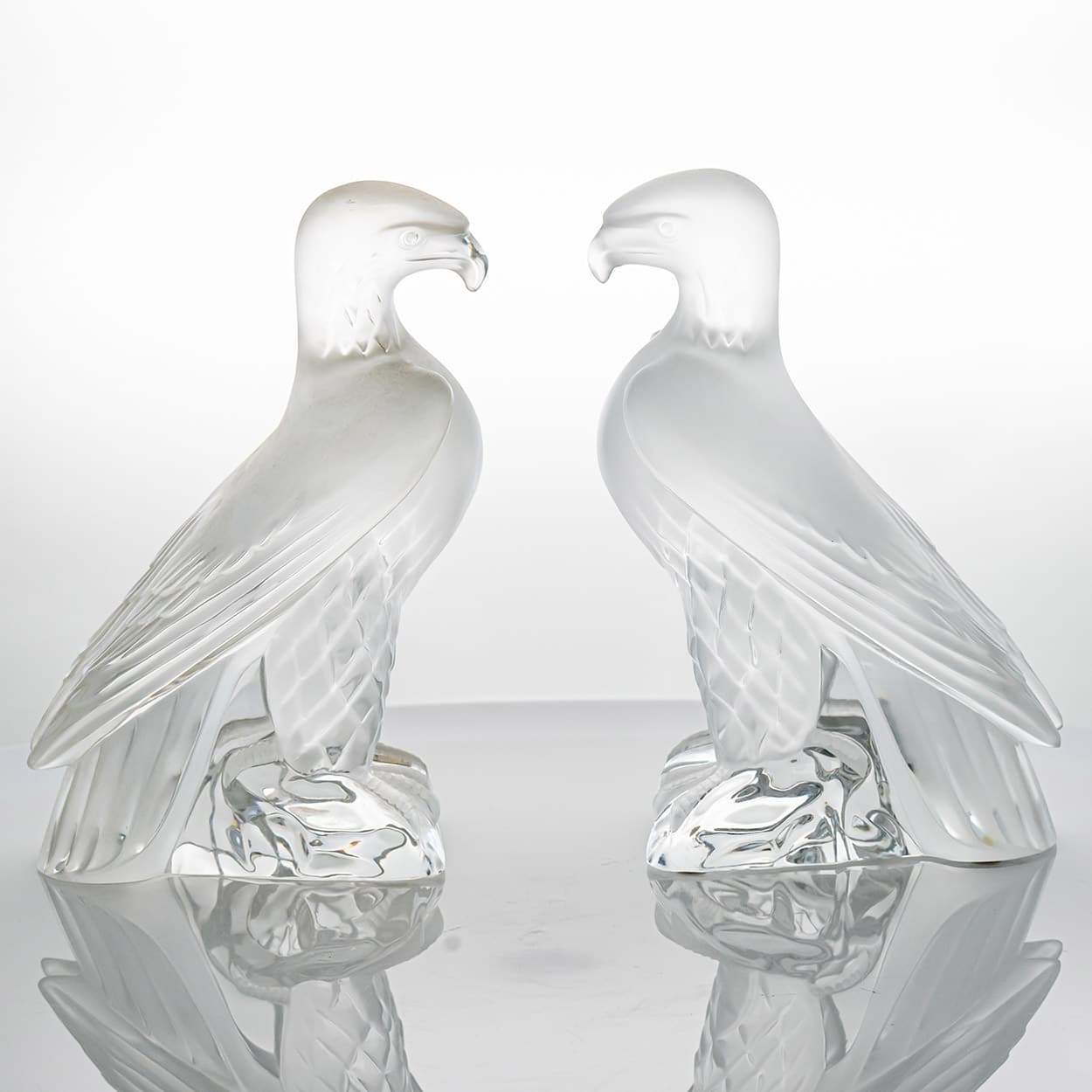 Set of 2 Lalique Signed Frosted Crystal Liberty Eagle Sculptures, France