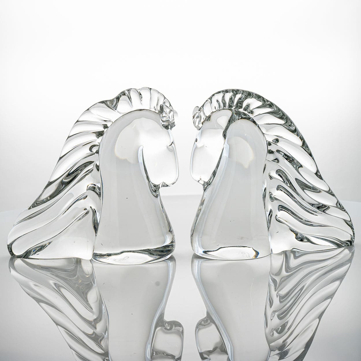 Set of 2 Saint Louis Horse Heads Clear Crystal Glass Sculptures, France