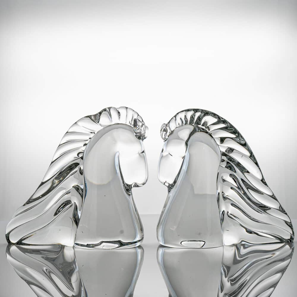 Set of 2 Saint Louis Horse Heads Clear Crystal Glass Sculptures, France
