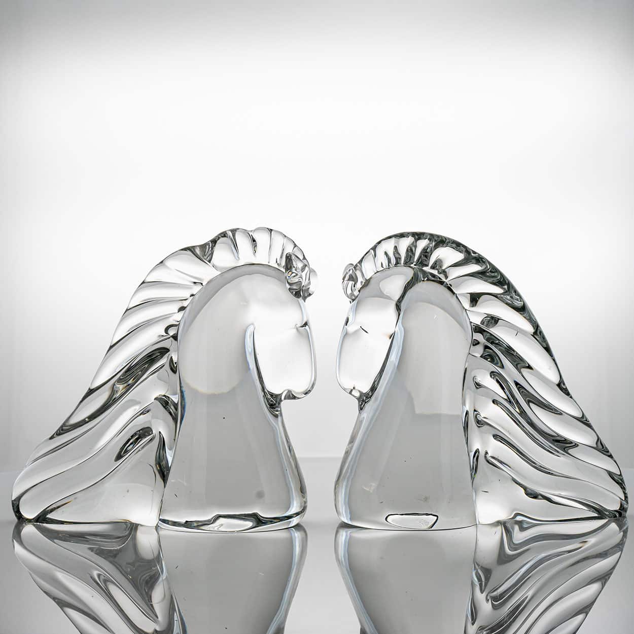 Set of 2 Saint Louis Horse Heads Clear Crystal Glass Sculptures, France