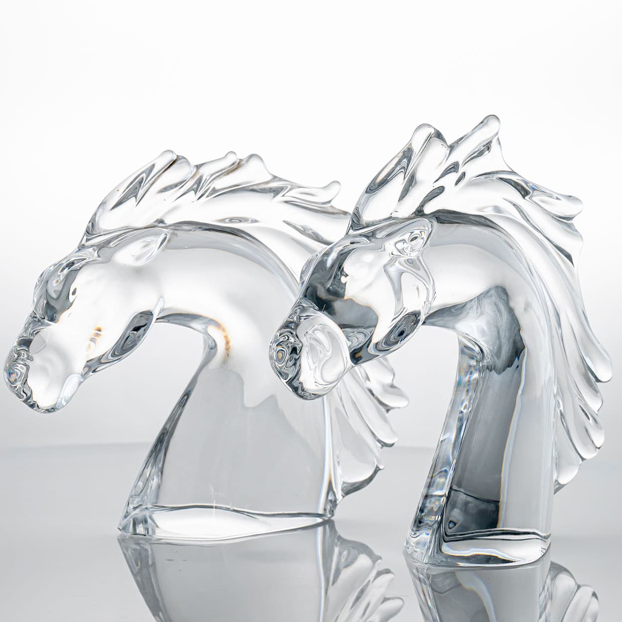 Set of 2 Daum Horse Head Clear Crystal Glass Sculpture, France
