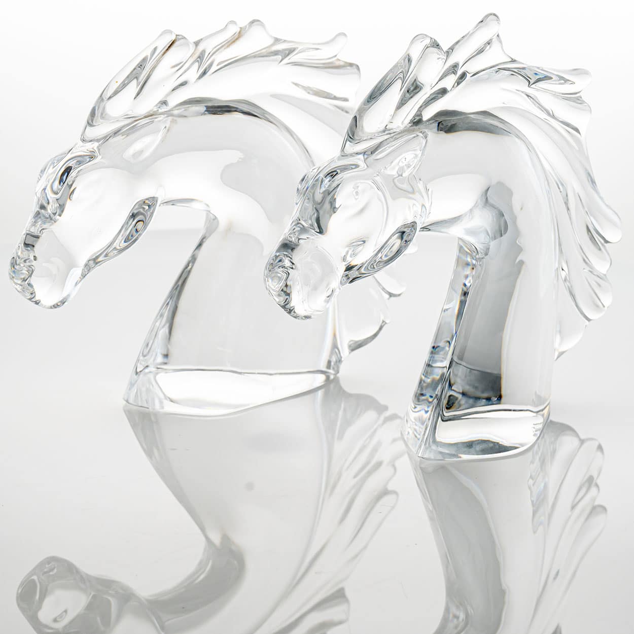 Set of 2 Daum Horse Head Clear Crystal Glass Sculpture, France