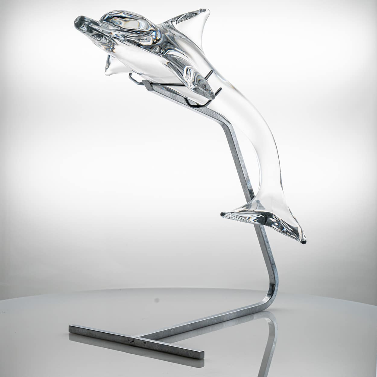 Daum Dolphin On Standard Clear Crystal Glass Sculpture, France