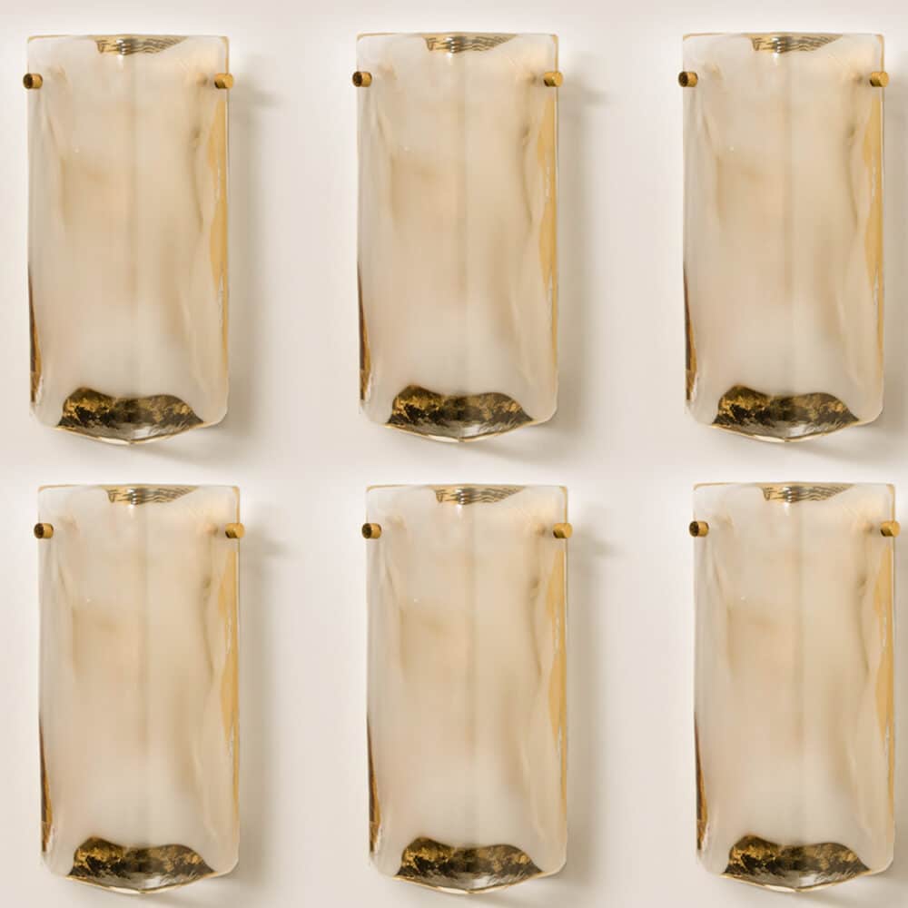 1 of the 6 Brass and Opal Clear Glass Wall Lights by J.T. Kalmar, 1960s