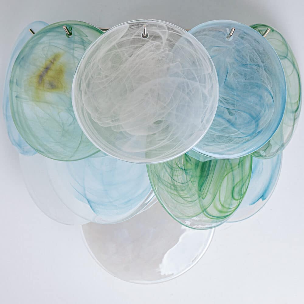 Several Large Murano Blue White Green Glass Discs and Brass Wall Light, Italy