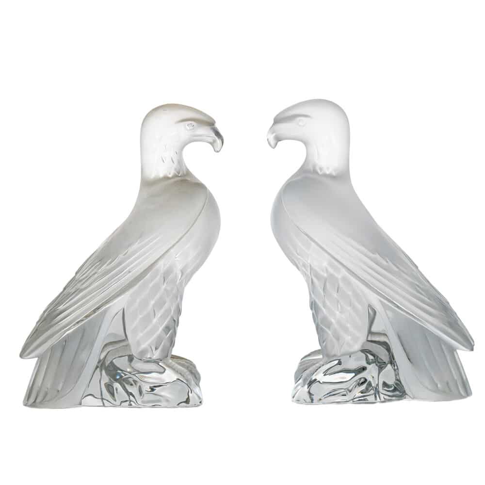 Set of 2 Lalique Signed Frosted Crystal Liberty Eagle Sculptures, France