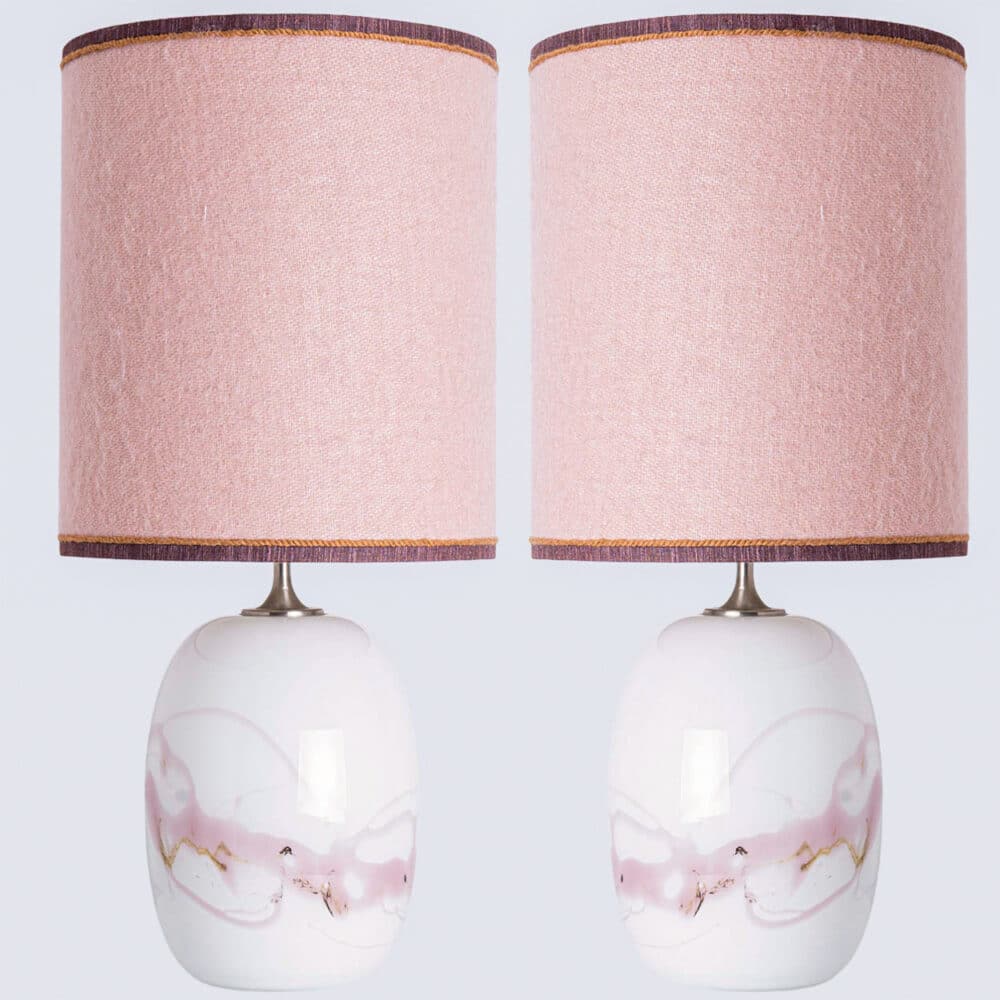 1 of the 2 Holmegaard White Pink Glass Table Lamps, Dusty Rose Custom Lampshade