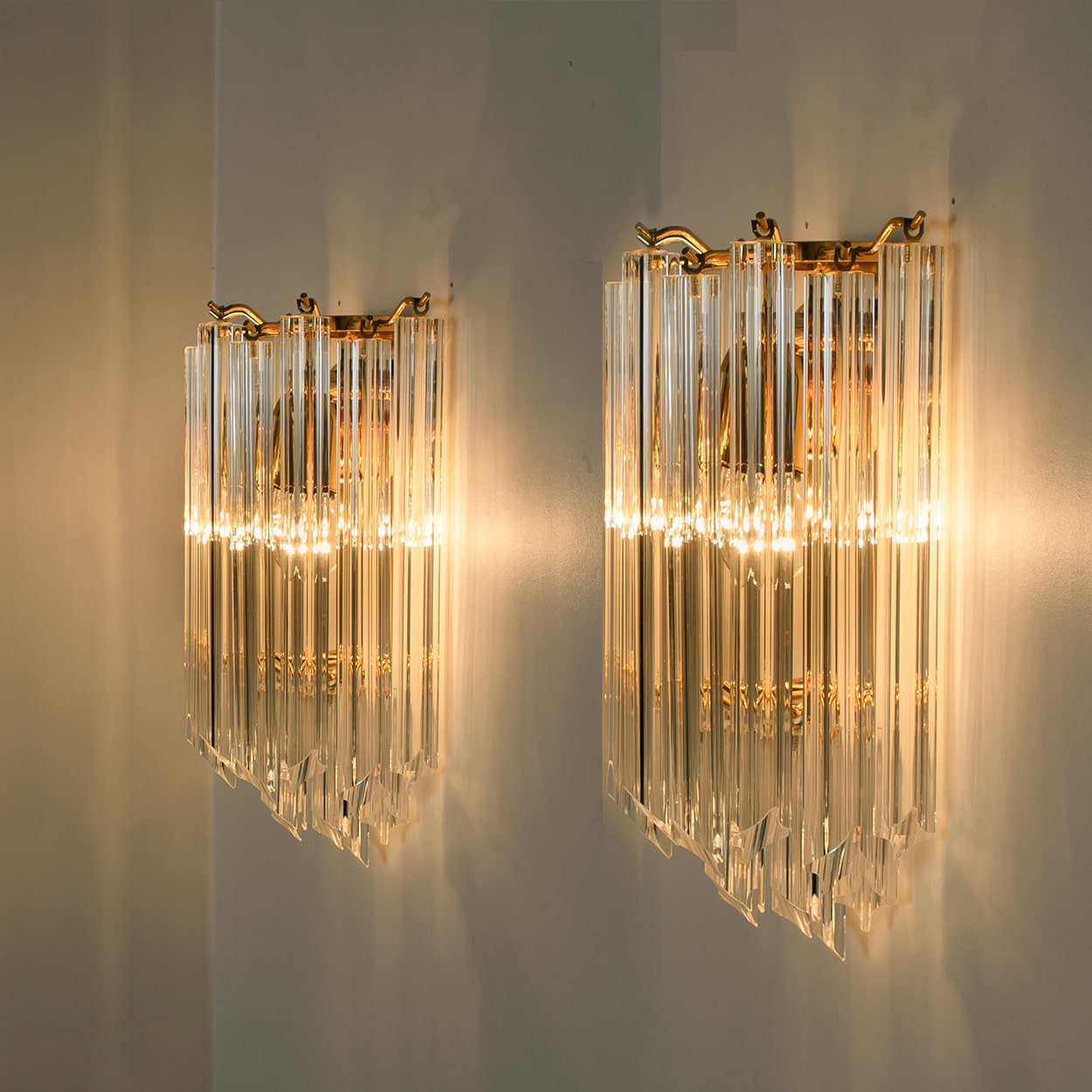 1 of the 3 Venini Style Triedroglass Clear Gold Glass Brass Sconces