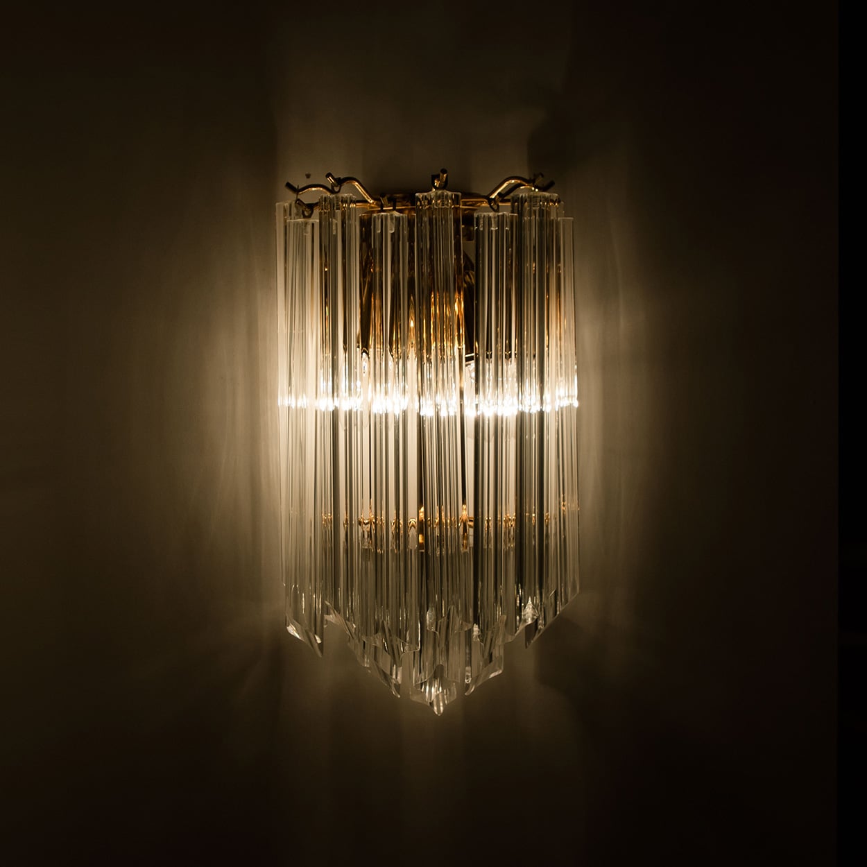 1 of the 3 Venini Style Triedroglass Clear Gold Glass Brass Sconces