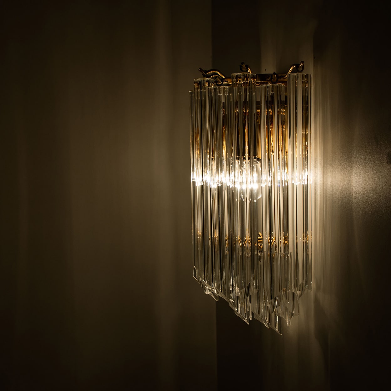 1 of the 3 Venini Style Triedroglass Clear Gold Glass Brass Sconces