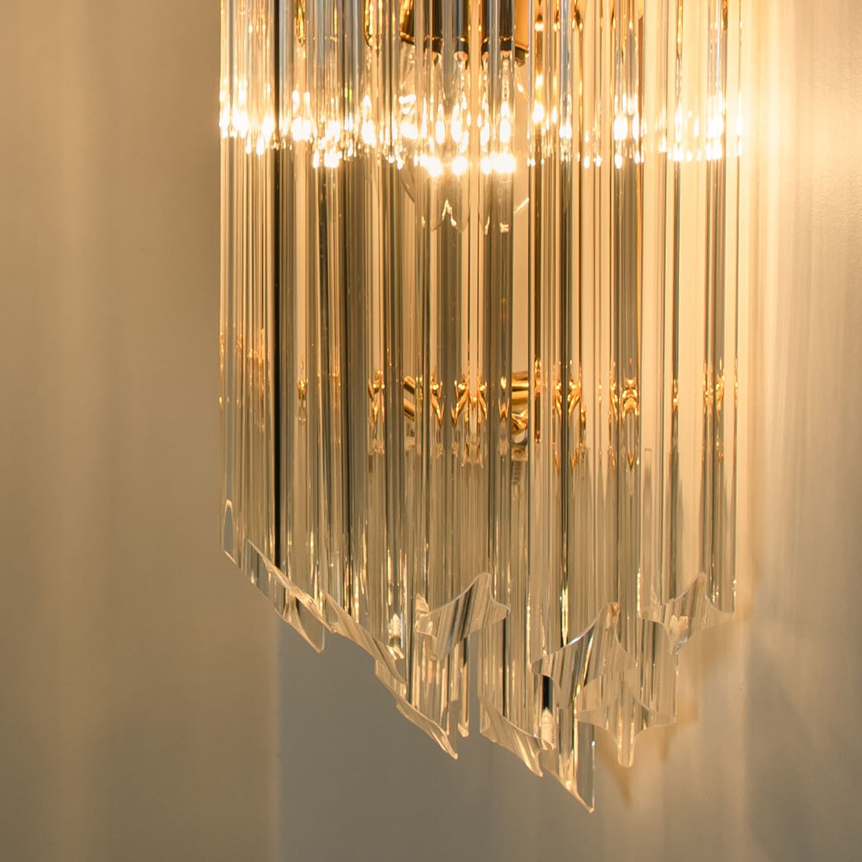 1 of the 3 Venini Style Triedroglass Clear Gold Glass Brass Sconces