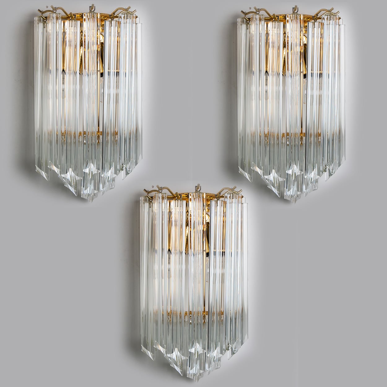1 of the 3 Venini Style Triedroglass Clear Gold Glass Brass Sconces