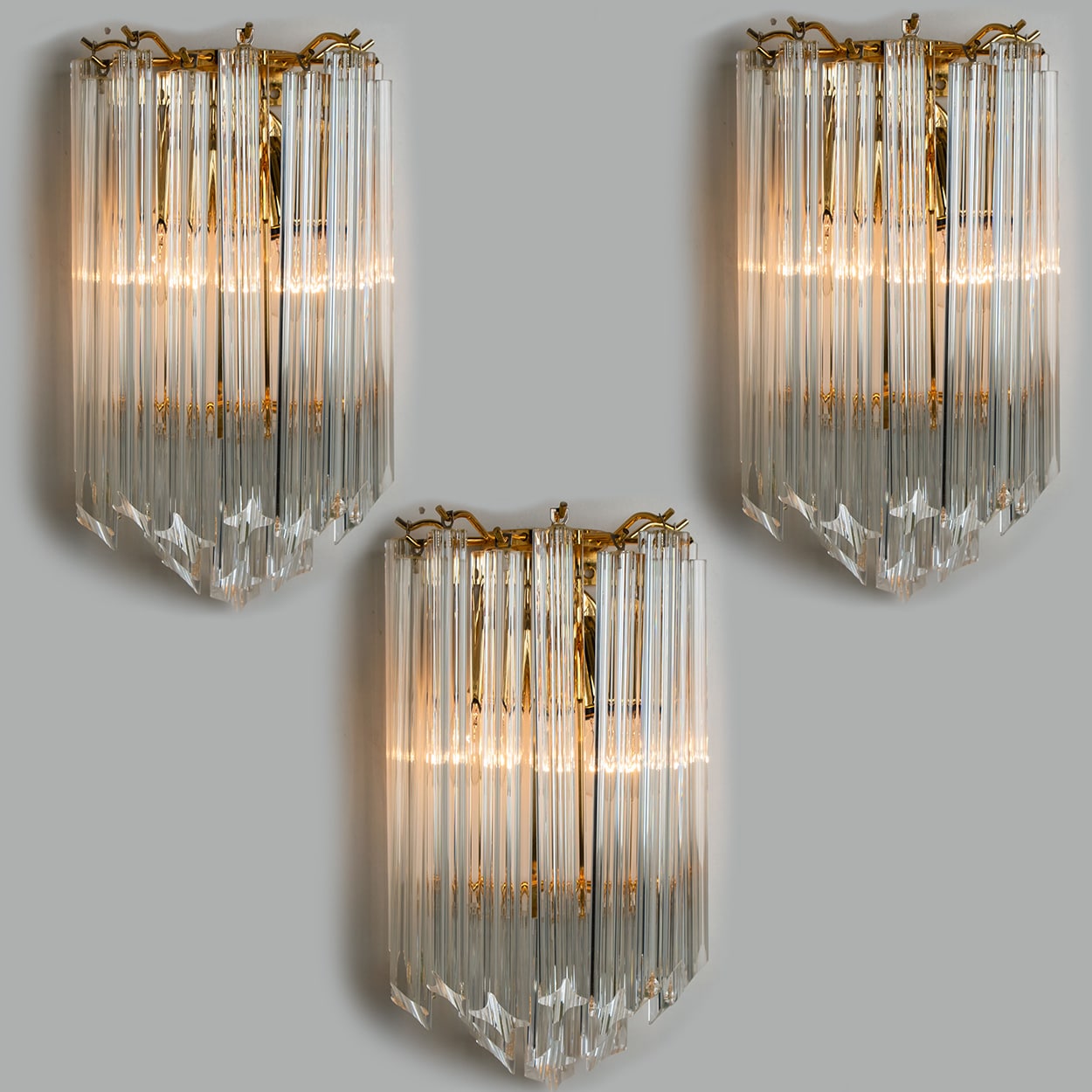 1 of the 3 Venini Style Triedroglass Clear Gold Glass Brass Sconces
