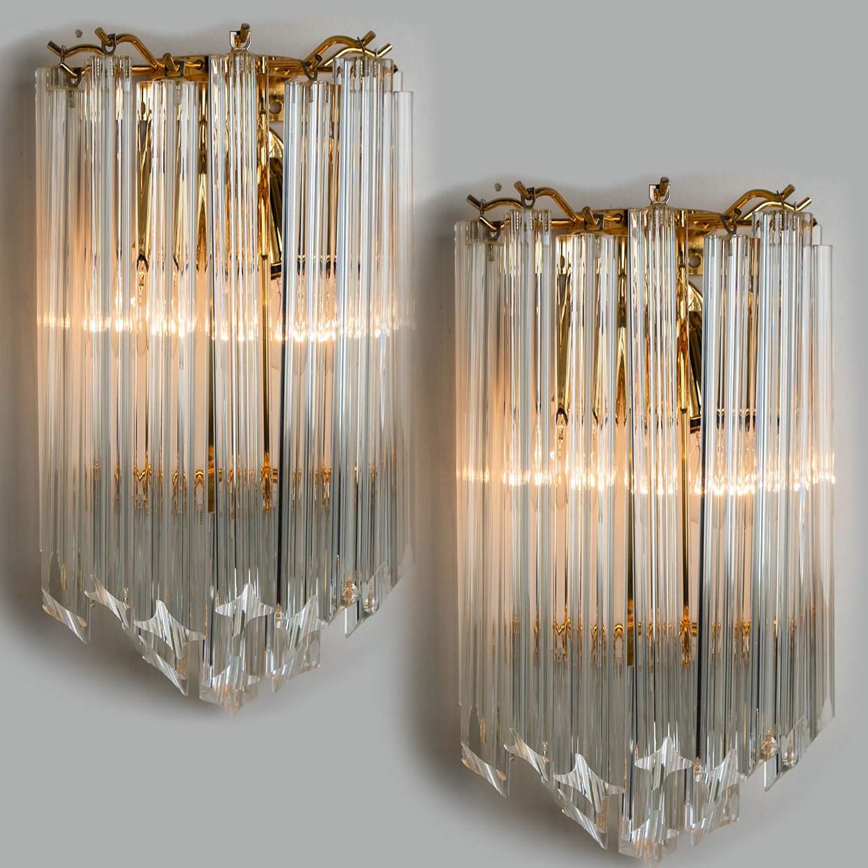 1 of the 3 Venini Style Triedroglass Clear Gold Glass Brass Sconces