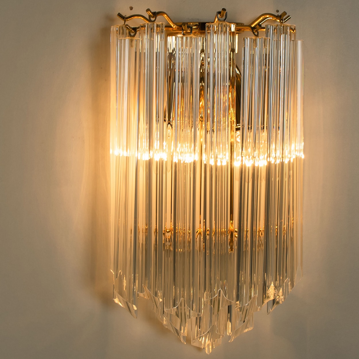 1 of the 3 Venini Style Triedroglass Clear Gold Glass Brass Sconces