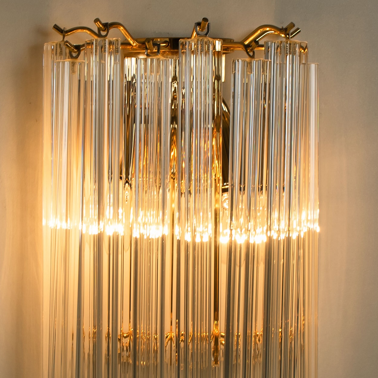 1 of the 3 Venini Style Triedroglass Clear Gold Glass Brass Sconces