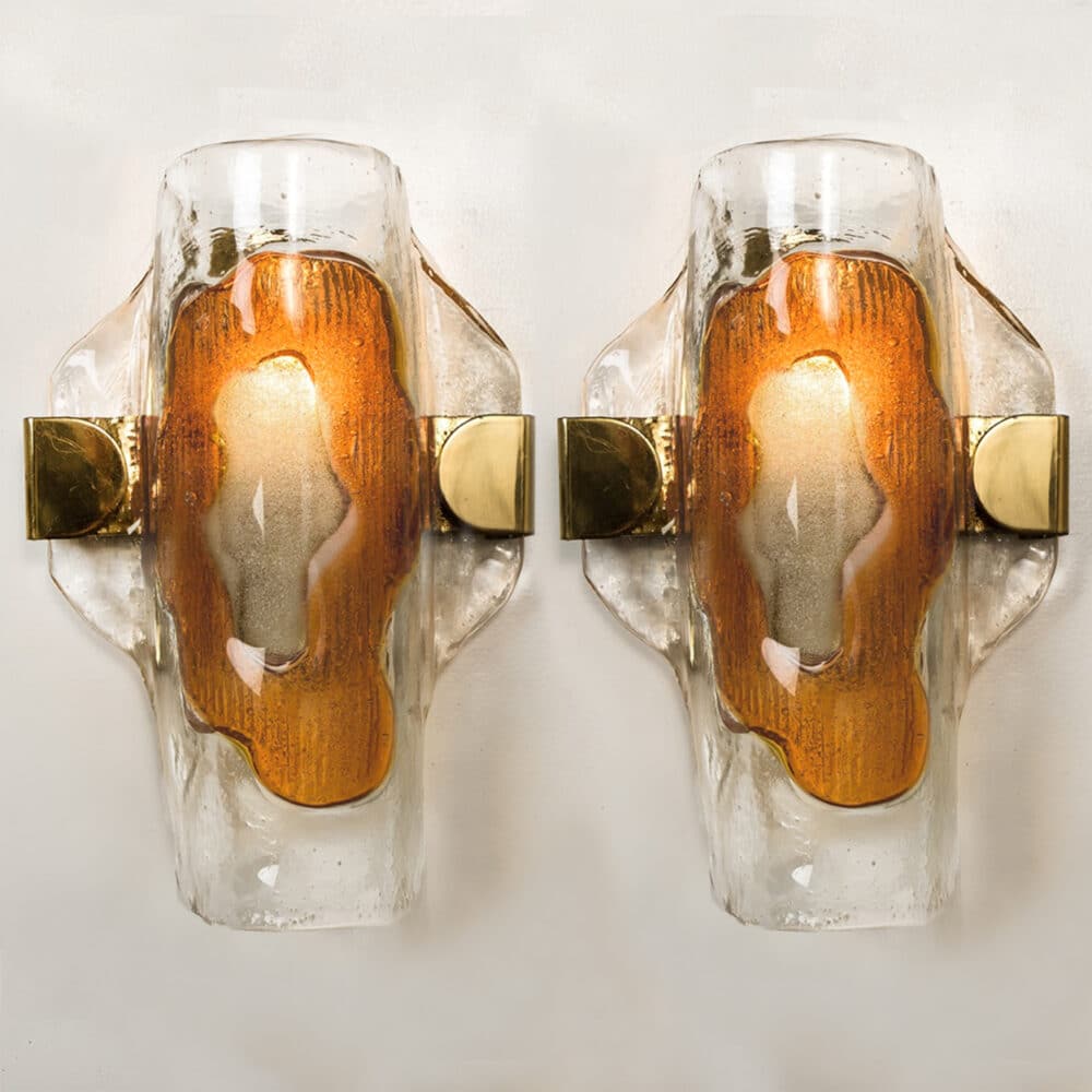 Pair of Murano Clear and Orange Glass Wall Lights, 1970s