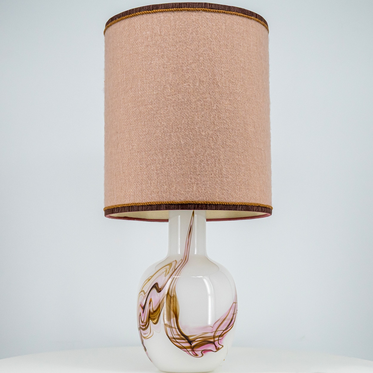 1 of the 2 Holmegaard White and Pink Glass Table Lamps, Dusty Rose Lampshades