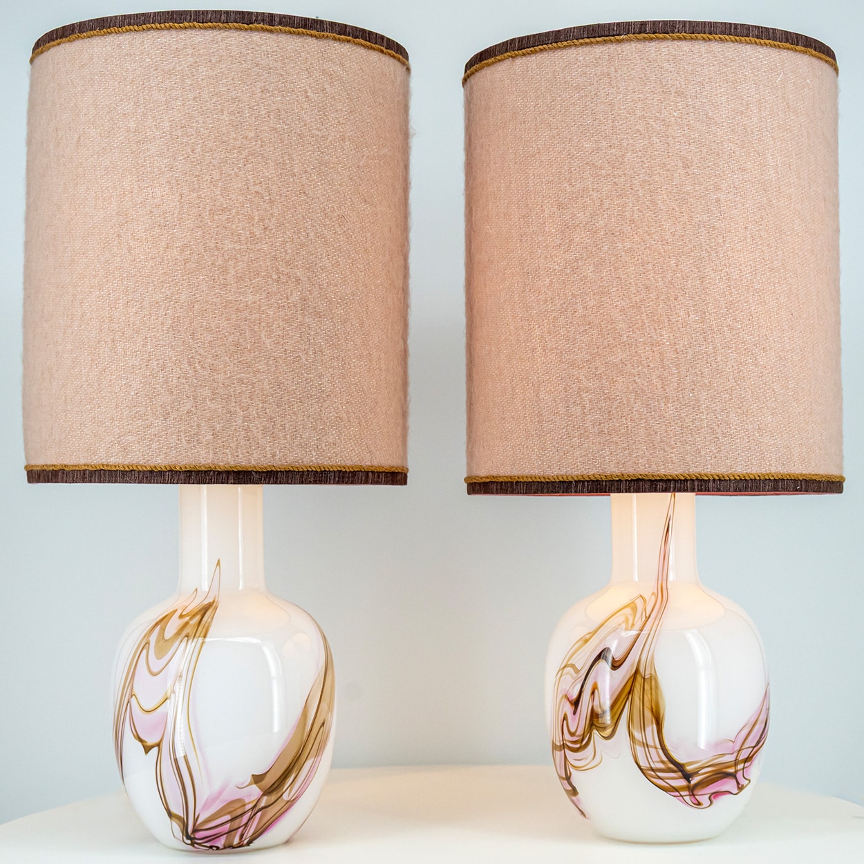 1 of the 2 Holmegaard White and Pink Glass Table Lamps, Dusty Rose Lampshades