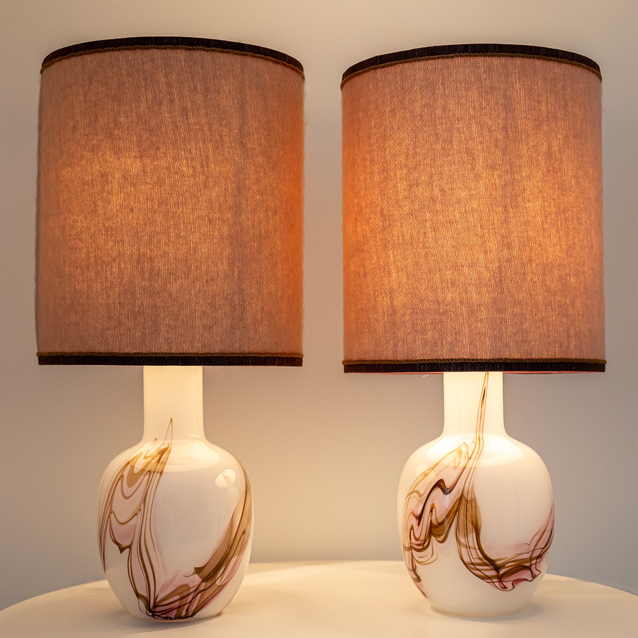 1 of the 2 Holmegaard White and Pink Glass Table Lamps, Dusty Rose Lampshades