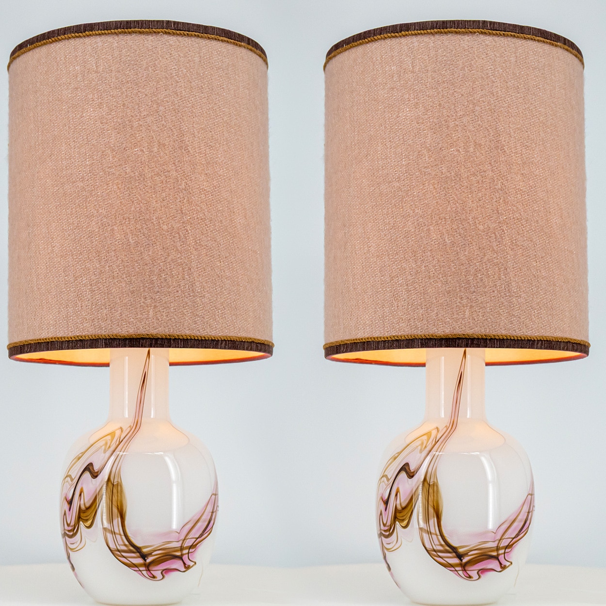 1 of the 2 Holmegaard White and Pink Glass Table Lamps, Dusty Rose Lampshades