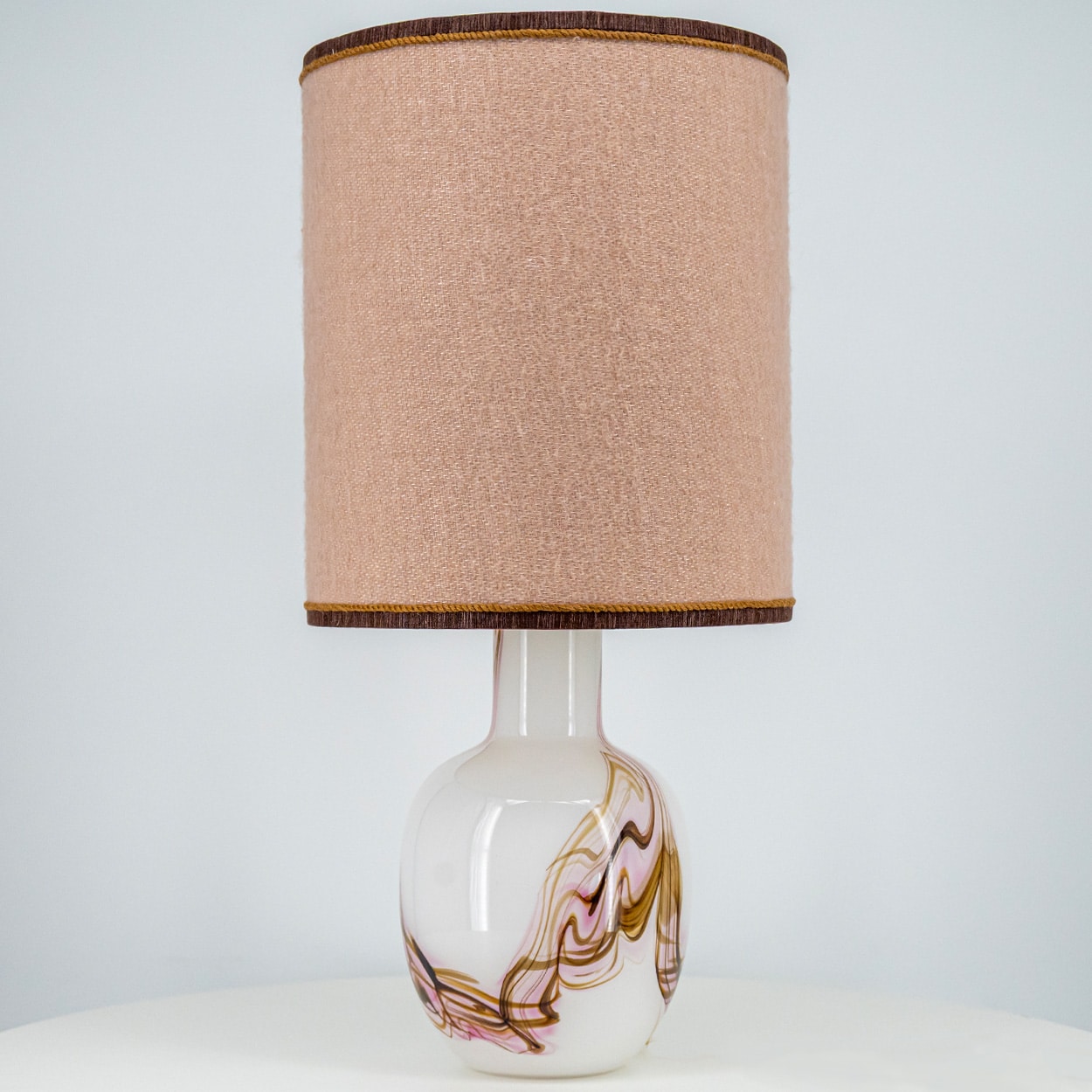 1 of the 2 Holmegaard White and Pink Glass Table Lamps, Dusty Rose Lampshades