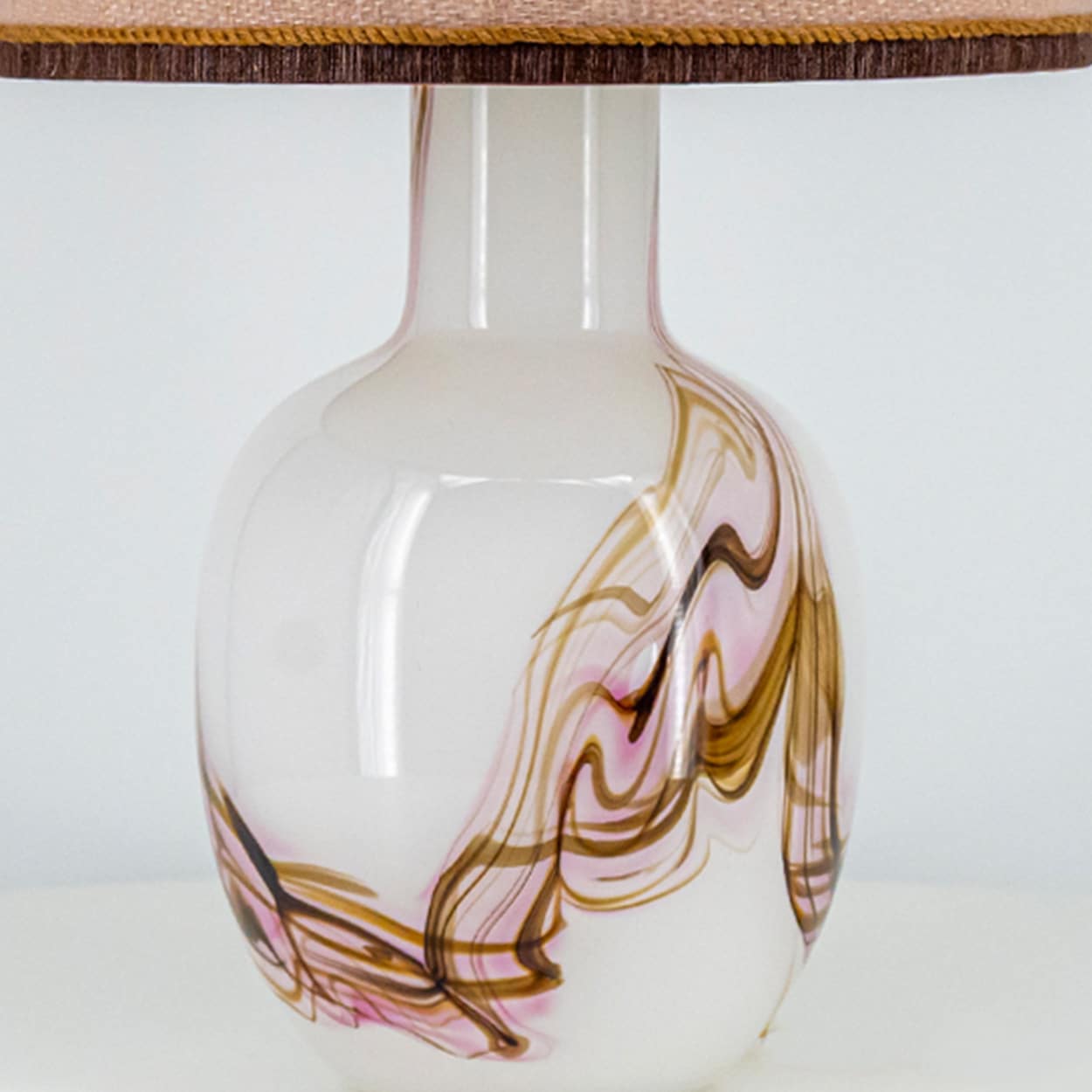 1 of the 2 Holmegaard White and Pink Glass Table Lamps, Dusty Rose Lampshades