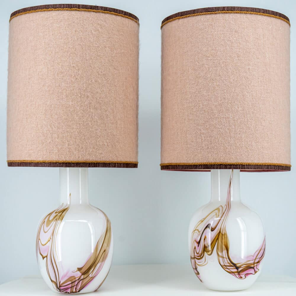 1 of the 2 Holmegaard White and Pink Glass Table Lamps, Dusty Rose Lampshades