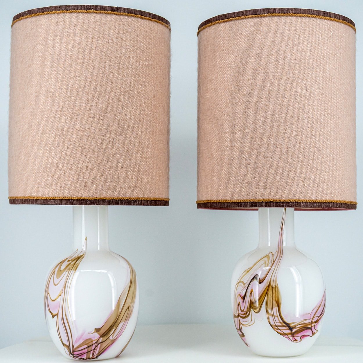 1 of the 2 Holmegaard White and Pink Glass Table Lamps, Dusty Rose Lampshades