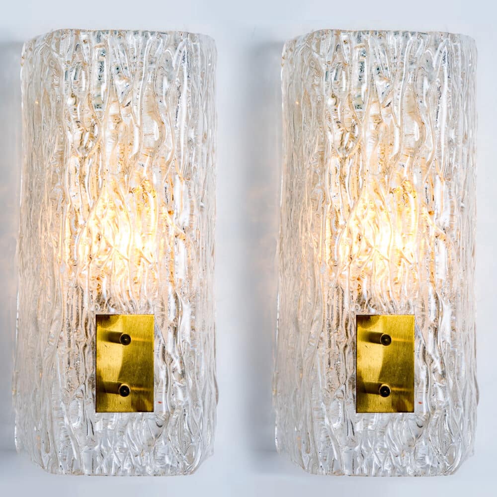 Pair of Textured Glass and Brass Wall Lights by J.T. Kalmar