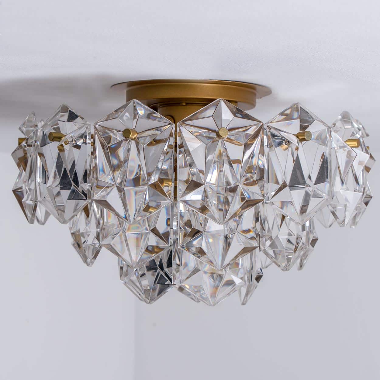 Kinkeldey Round Crystal Glass Brass Flush Mount, Germany, 1970s