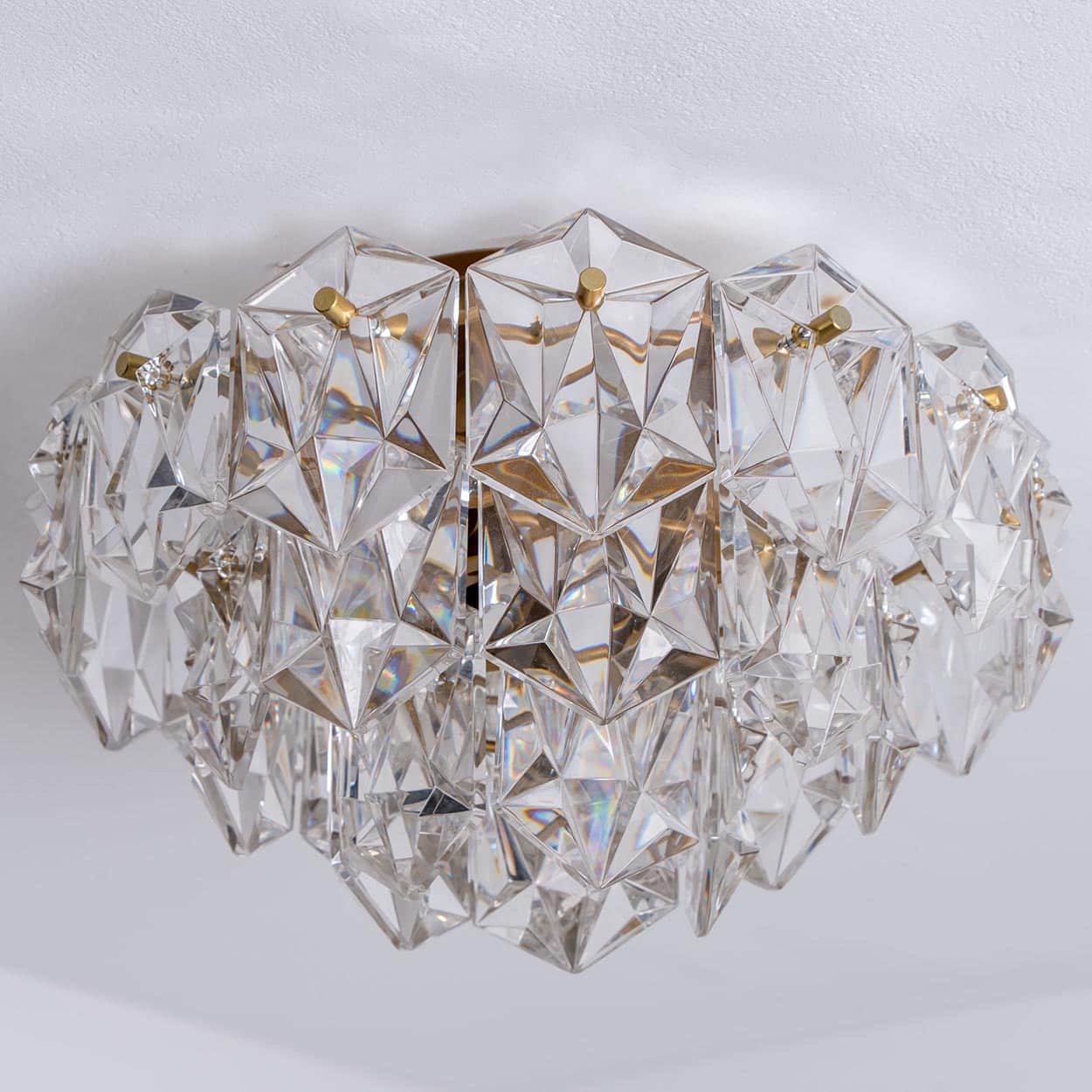 Kinkeldey Round Crystal Glass Brass Flush Mount, Germany, 1970s