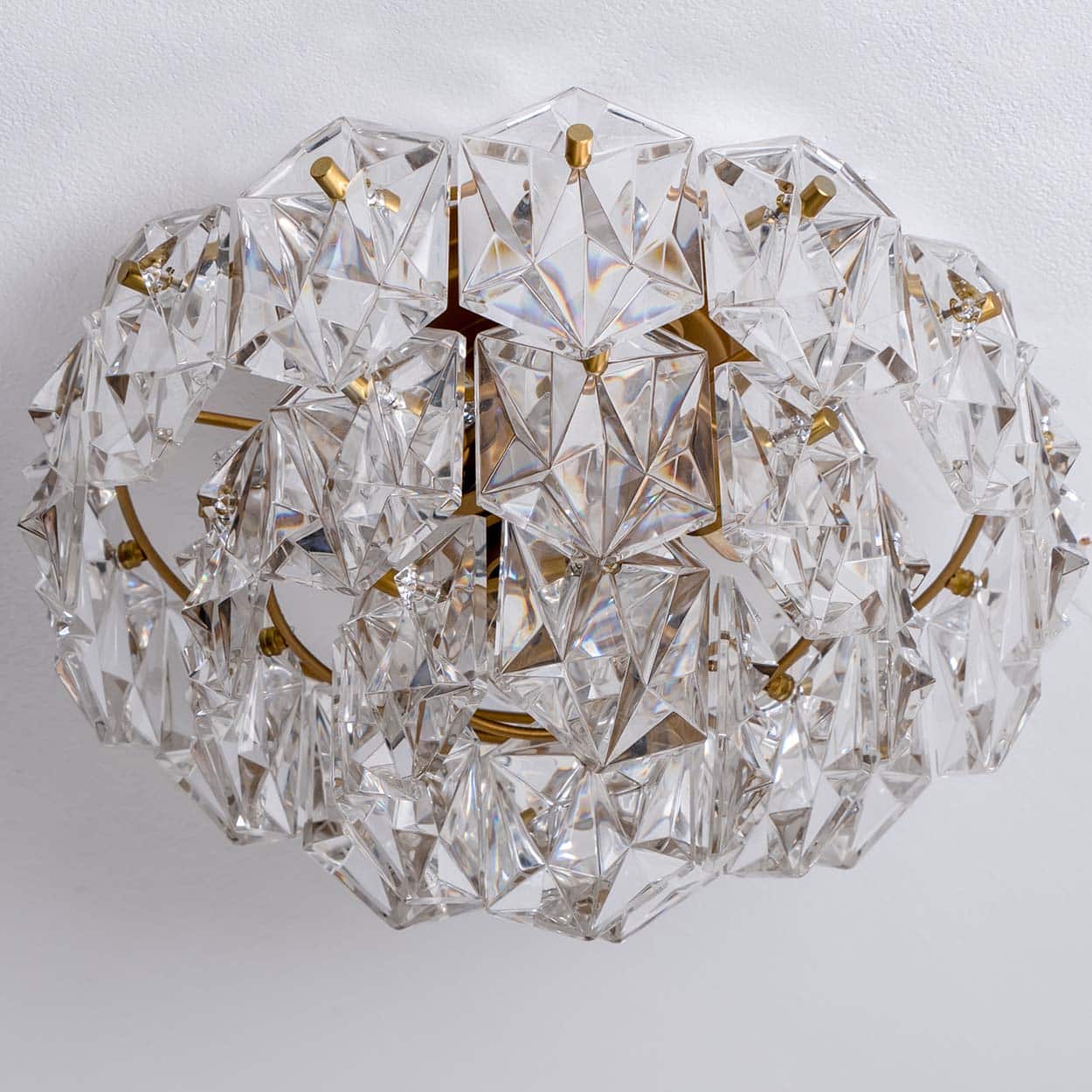 Kinkeldey Round Crystal Glass Brass Flush Mount, Germany, 1970s
