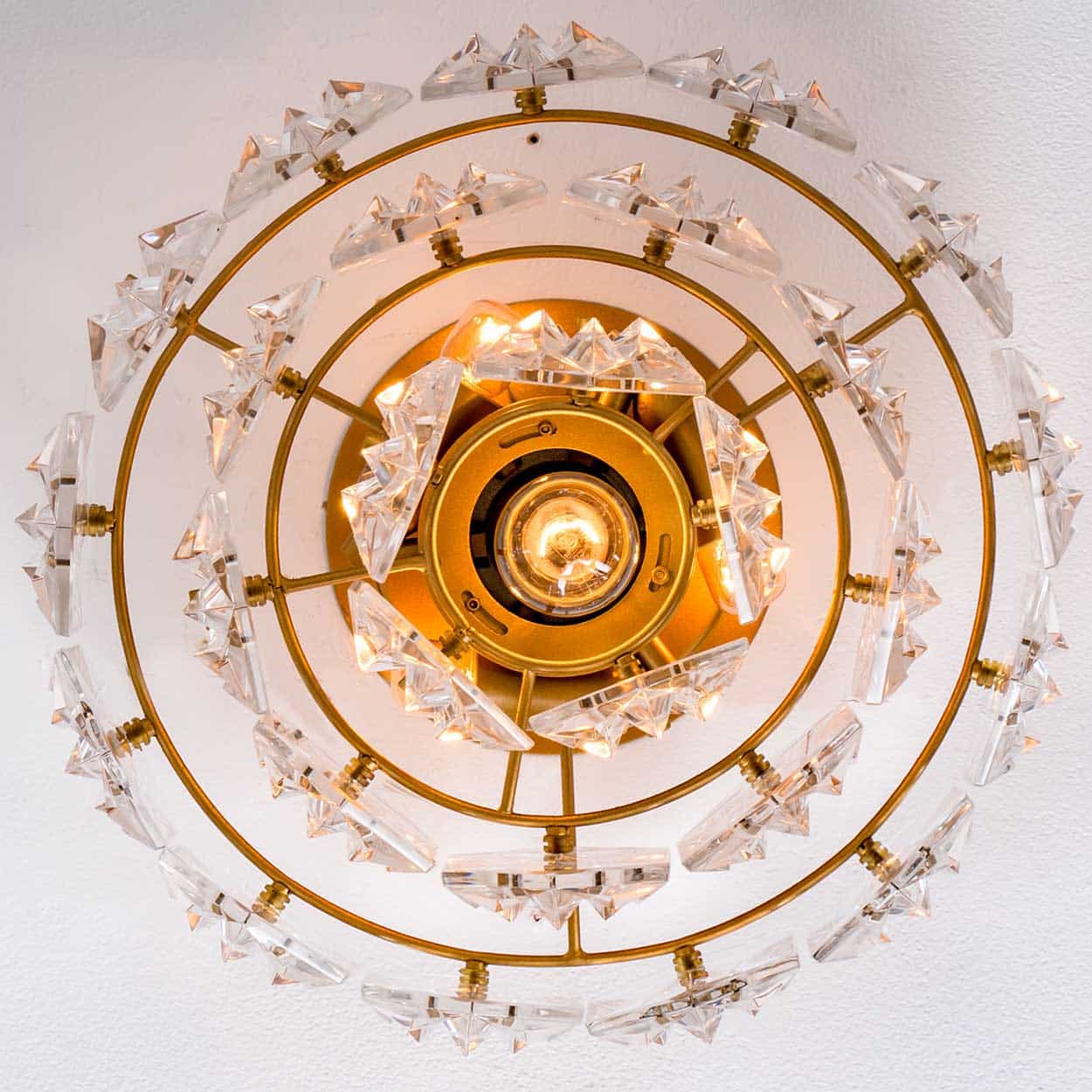 Kinkeldey Round Crystal Glass Brass Flush Mount, Germany, 1970s