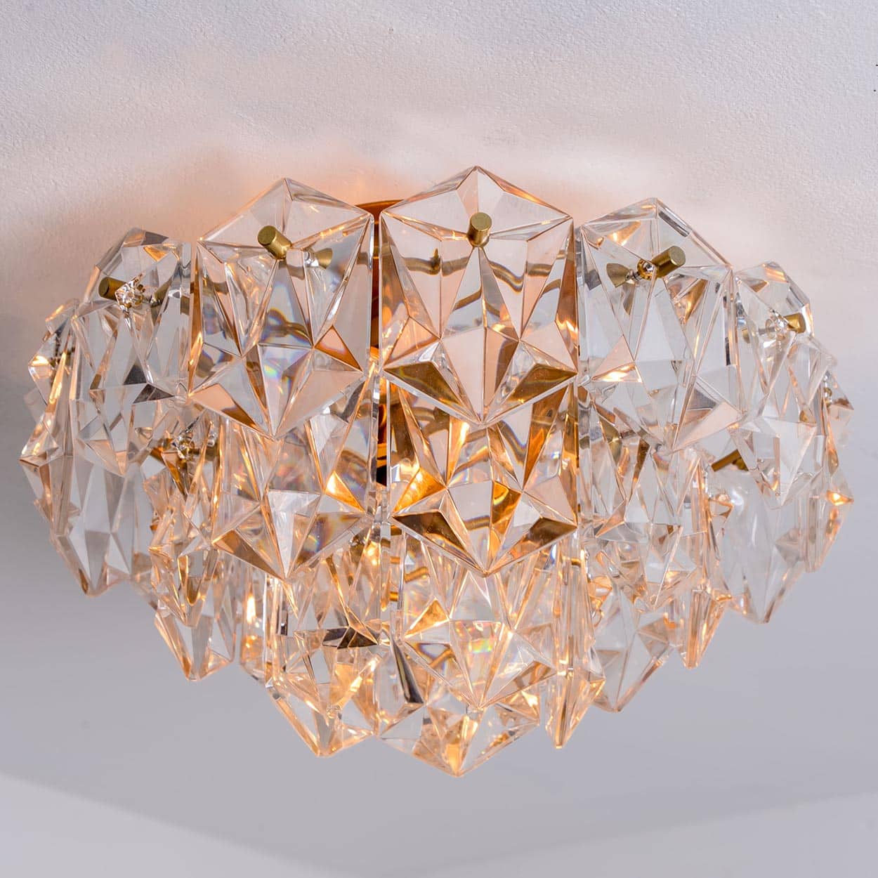 Kinkeldey Round Crystal Glass Brass Flush Mount, Germany, 1970s