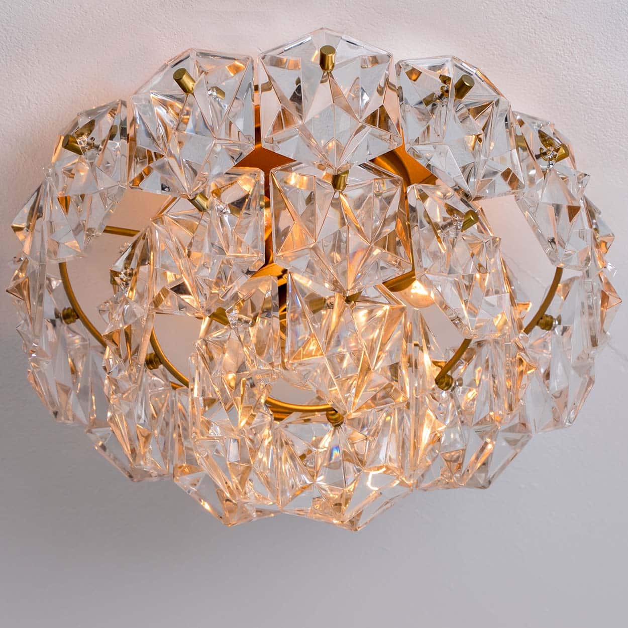 Kinkeldey Round Crystal Glass Brass Flush Mount, Germany, 1970s