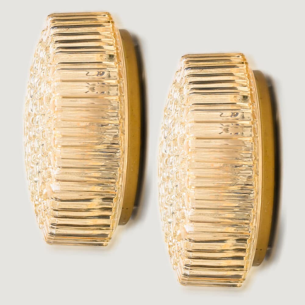 1 of the 2 Medium Round Clear Textured Glass Wall Lights, Limburg, 1970