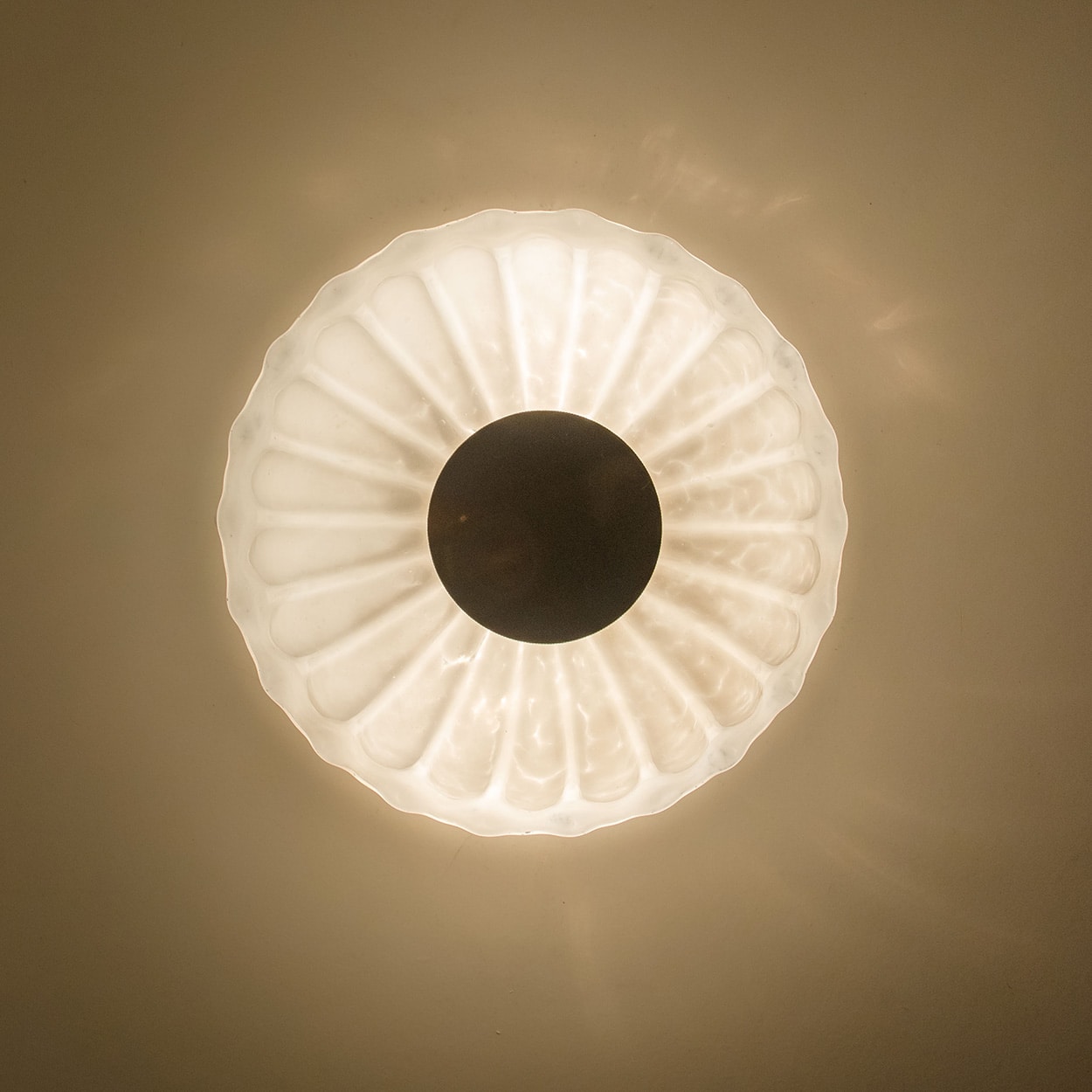 1 of the 2 Round Milky Ribbed Glass Wall Lights, Limburg, 1970