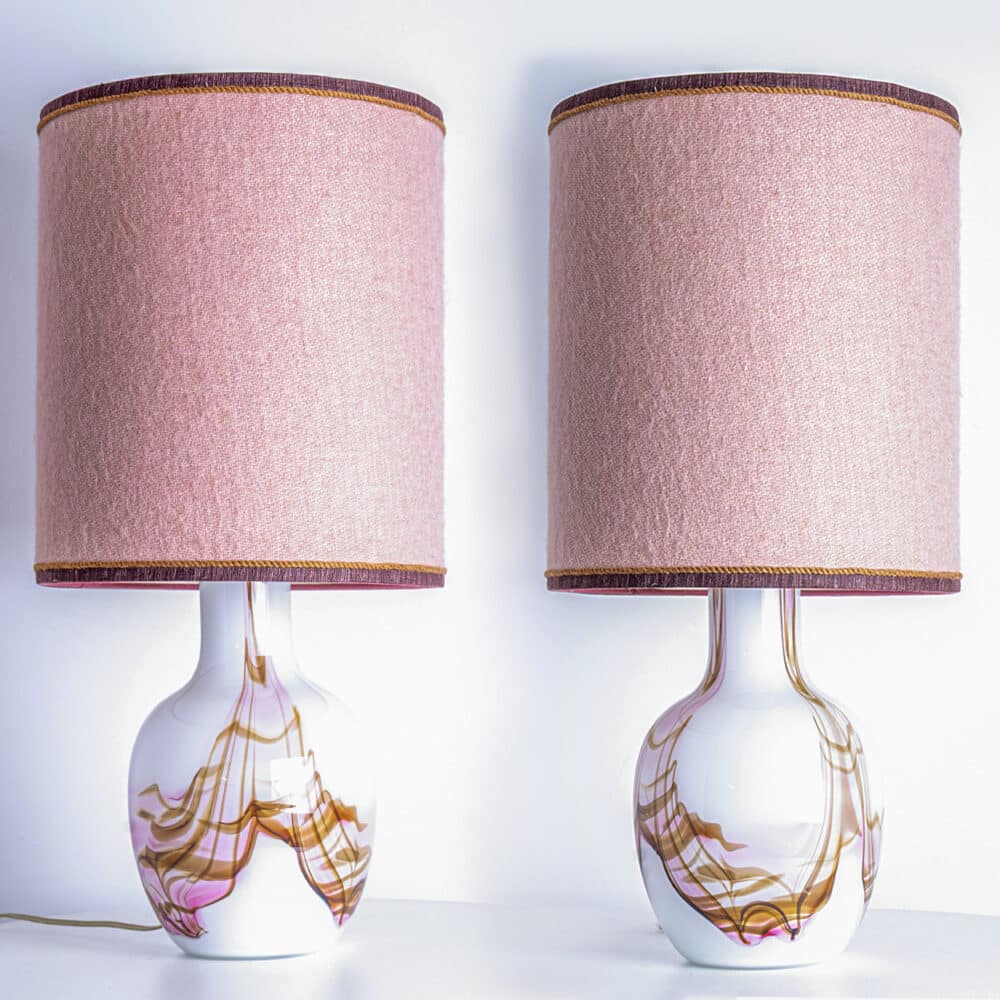 1 of the 2 Holmegaard White and Pink Glass Table Lamps, Dusty Rose Lampshades