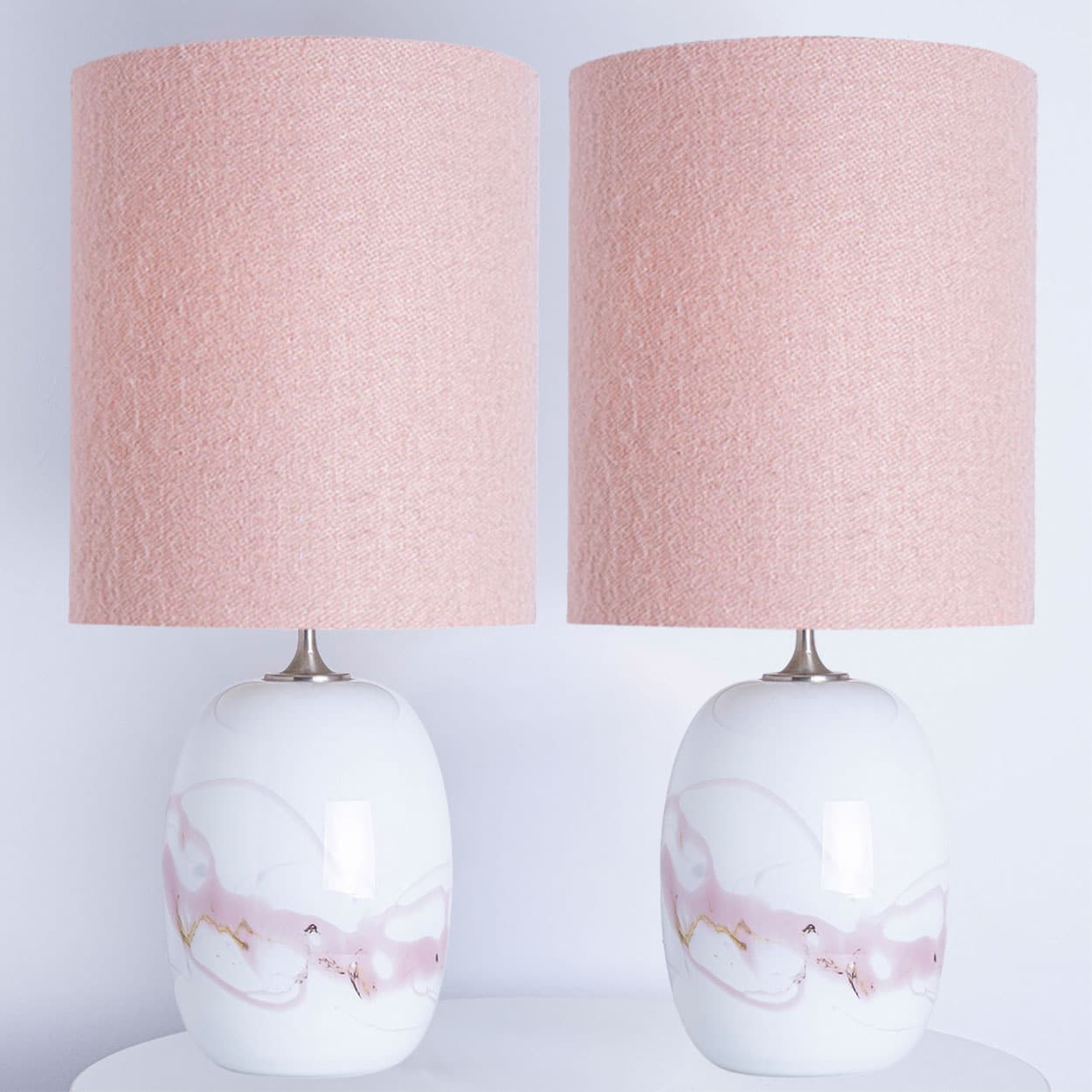 1 of the 2 Holmegaard White Pink Glass Table Lamps, Custom Made Lampshade