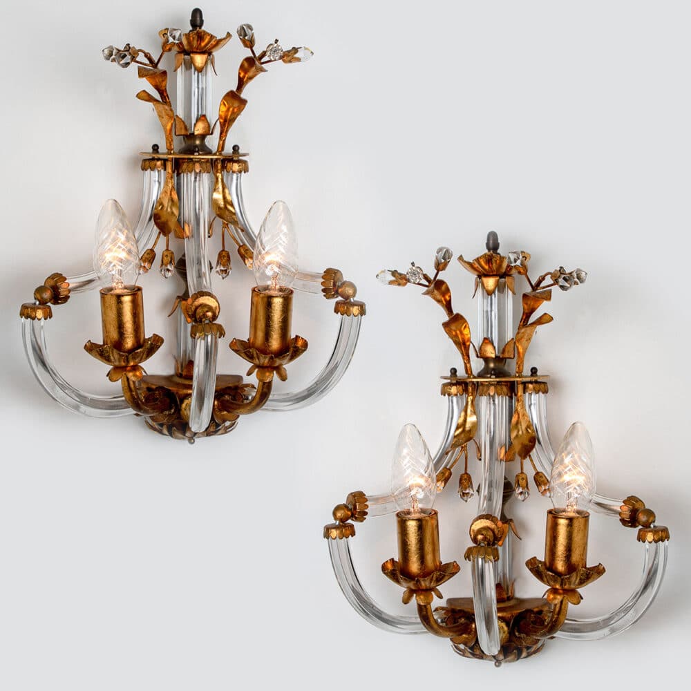 1 of the 2 Crystal and Brass Wall Sconces by Palwa, 1960s, Germany