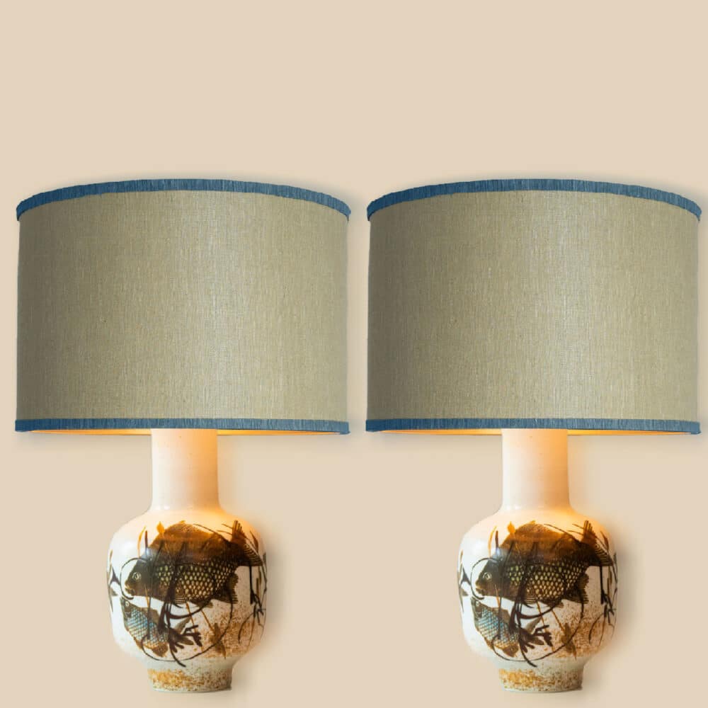 1 of the 2 Soholm Ceramic Floor Table Lamps Fish Motif, Lampshade by R. Houben