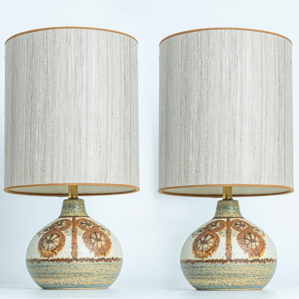 Pair of Soholm Ceramic Table Lamps with Silk Shade Backhausen, Denmark 1960s